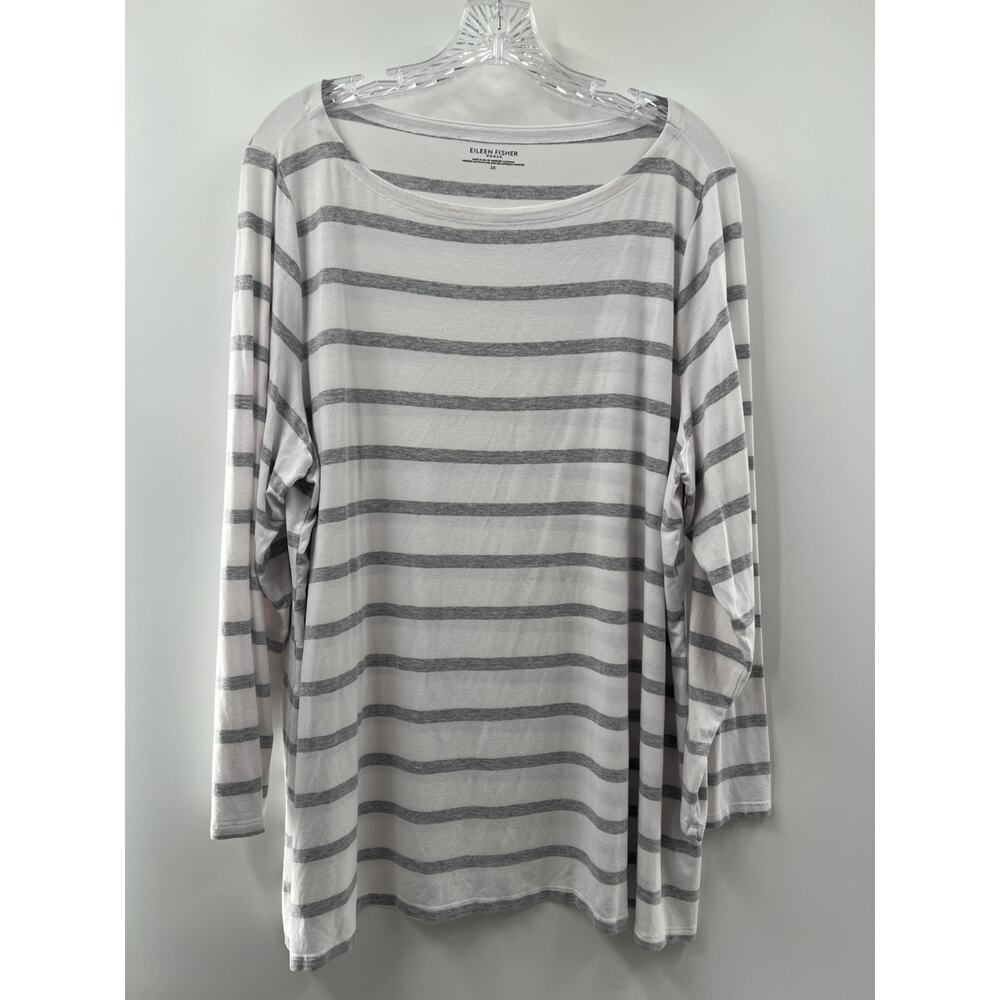 Eileen Fisher Women's White Gray Striped 3/4 Sleeve Tee Comfort Casual 2X